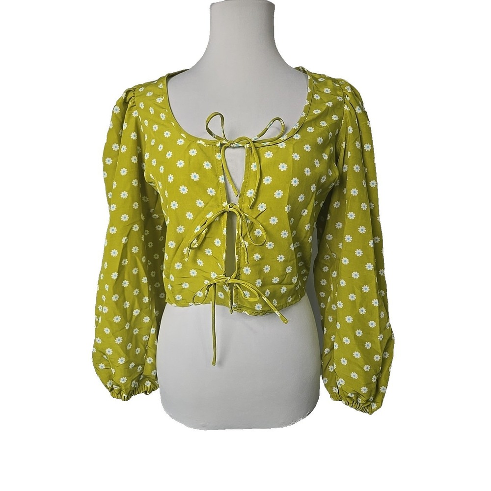 Levi's Chartreuse‎ Floral Tie Front Crop Long Sleeve Top XS. NWT  $49